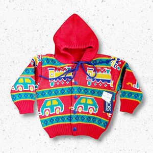 Vintage 90s Colorblock Cars and Trains Themed Knit Hoodie Sz 12M by Honors